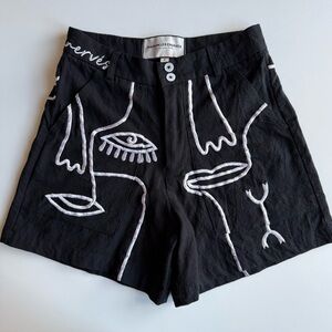 Handmade in Bali Maison Les Enerves 3D Embroidery Black Cotton Lin Shorts Size M